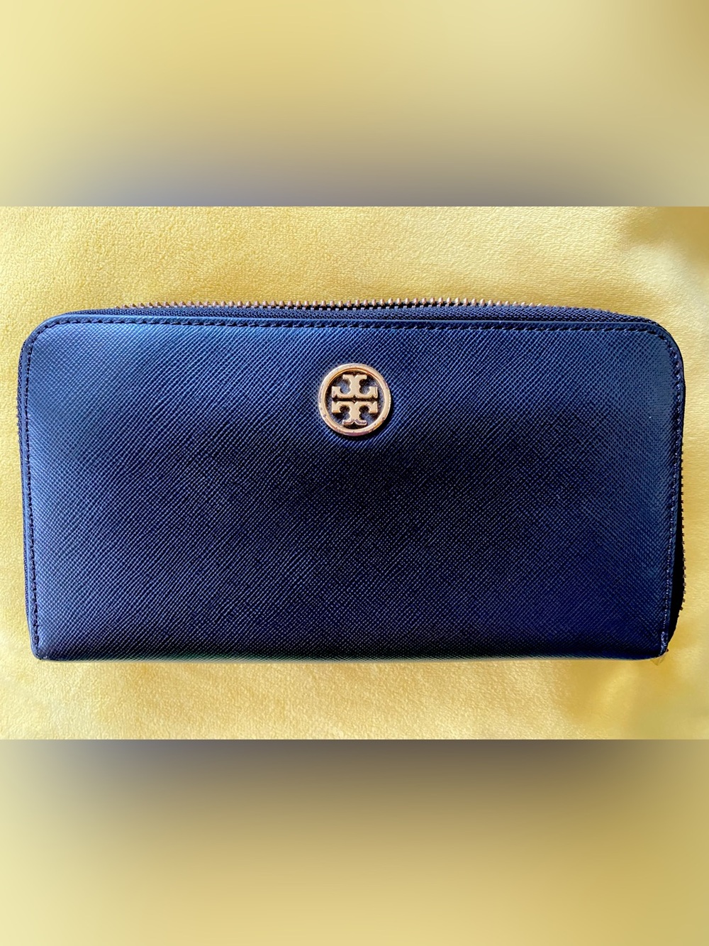 Tory Burch Navy Zip-Around Saffiano Wallet with Gold Logo